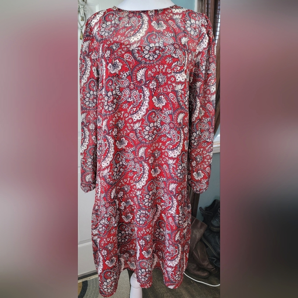 LOFT Shimmer Paisley Flounce Dress Women's M Red Mini-Midi Sheer Lined Long Slee